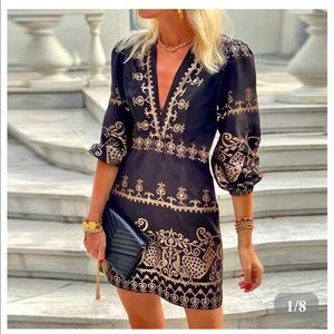 Harlora Special Feature Printed Dress- Navy and Cream